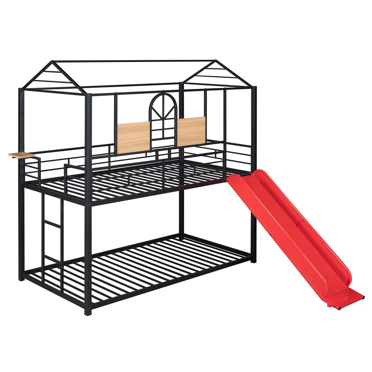 Twin Over Twin Metal Bunk Bed with Playhouse Design and Slide