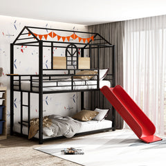 Twin Over Twin Metal Bunk Bed with Playhouse Design and Slide