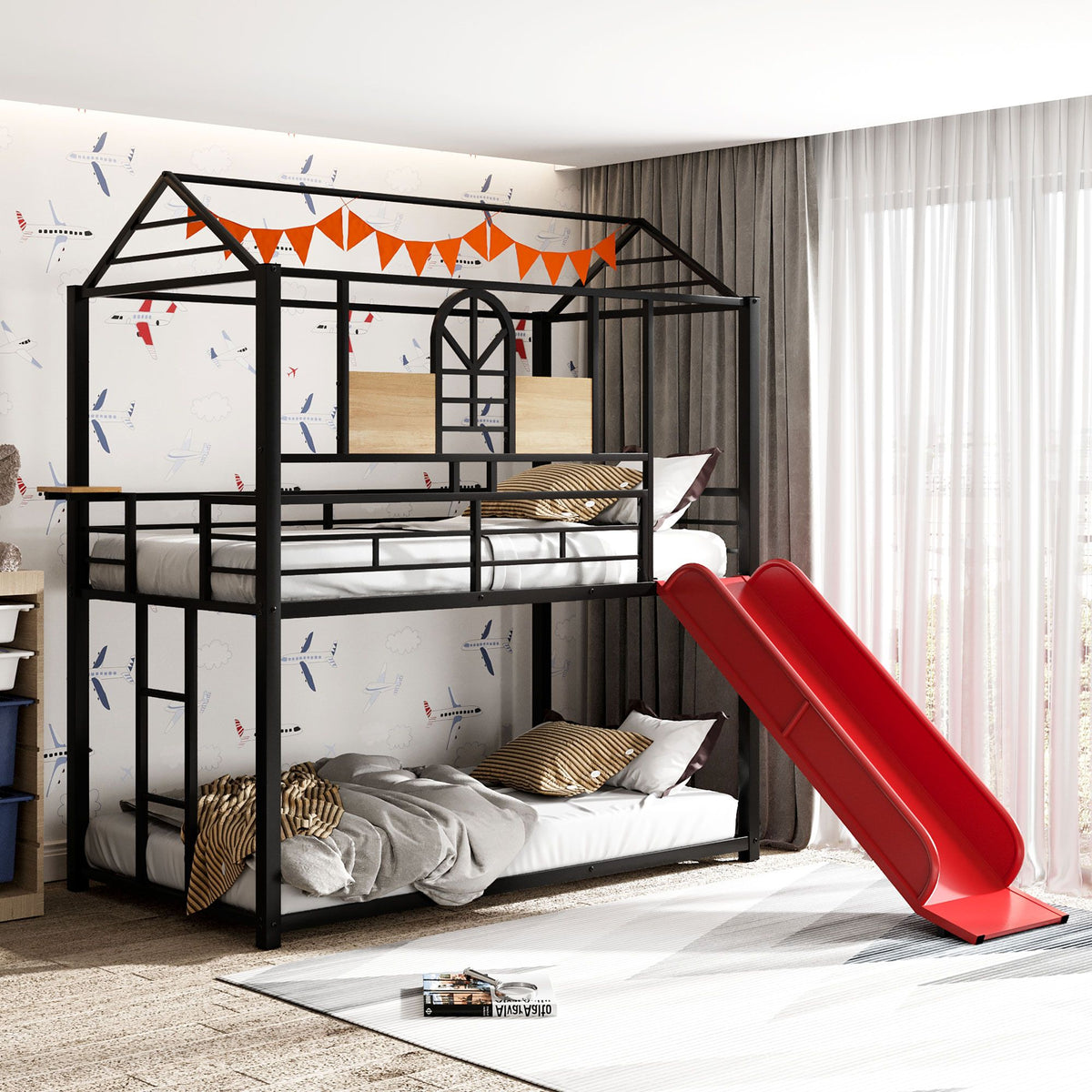 Twin Over Twin Metal Bunk Bed with Playhouse Design and Slide
