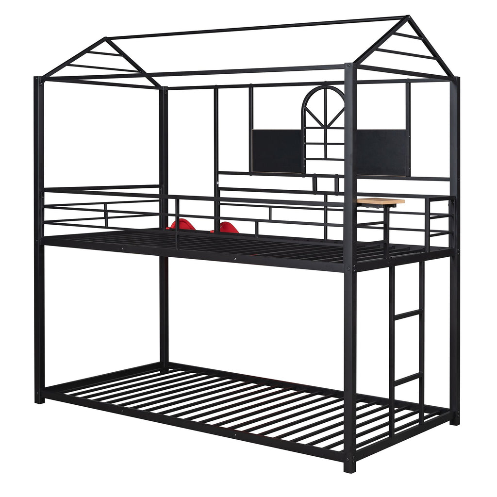 Twin Over Twin Metal Bunk Bed with Playhouse Design and Slide