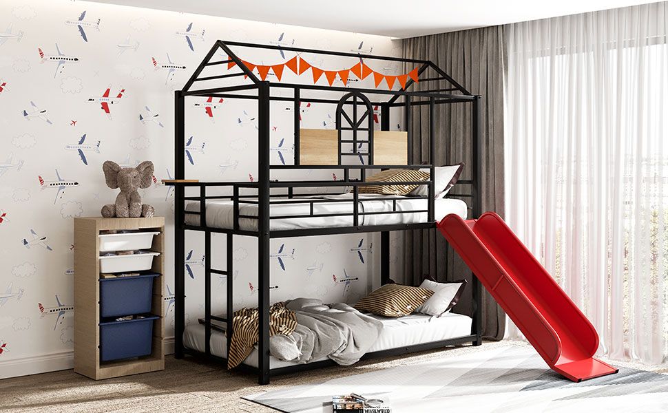 Twin Over Twin Metal Bunk Bed with Playhouse Design and Slide
