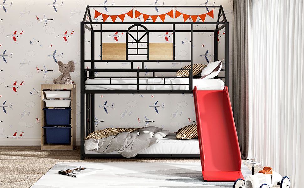 Twin Over Twin Metal Bunk Bed with Playhouse Design and Slide
