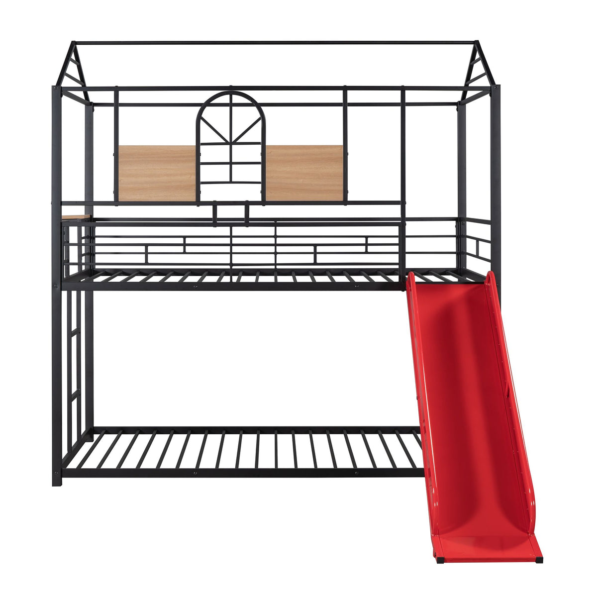 Twin Over Twin Metal Bunk Bed with Playhouse Design and Slide
