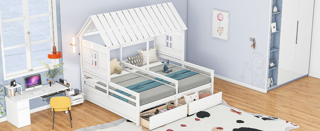 Shared Twin House Beds with Two Storage Drawers