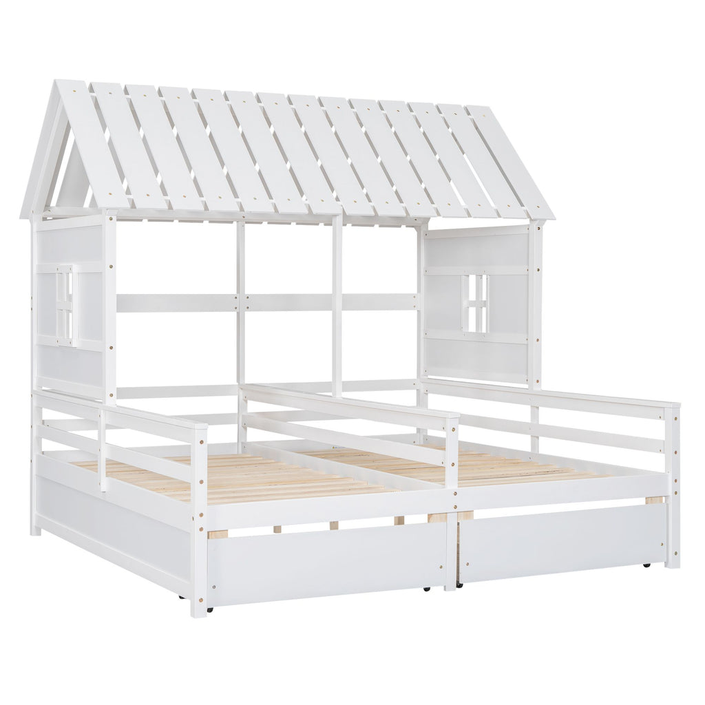 Shared Twin House Beds with Two Storage Drawers