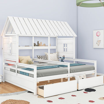 Shared Twin House Beds with Two Storage Drawers
