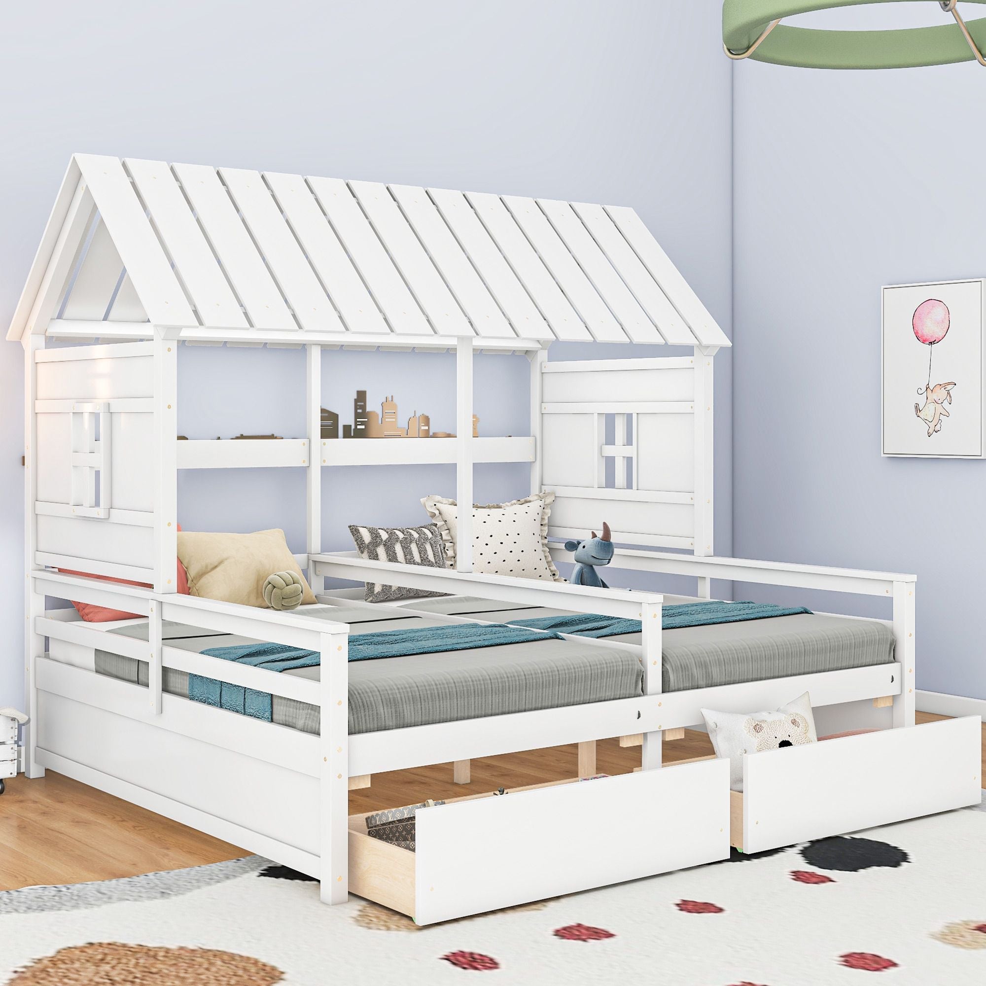 Shared Twin House Beds with Two Storage Drawers