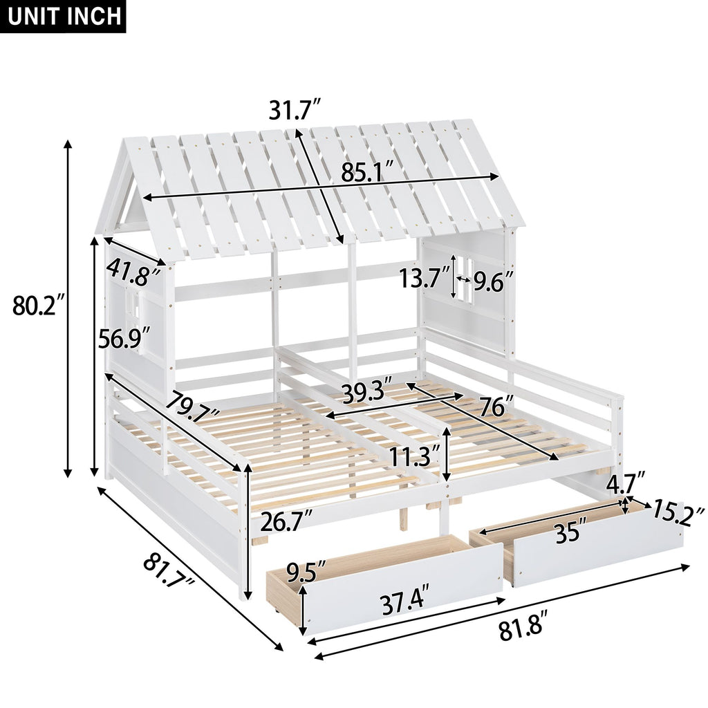 Shared Twin House Beds with Two Storage Drawers