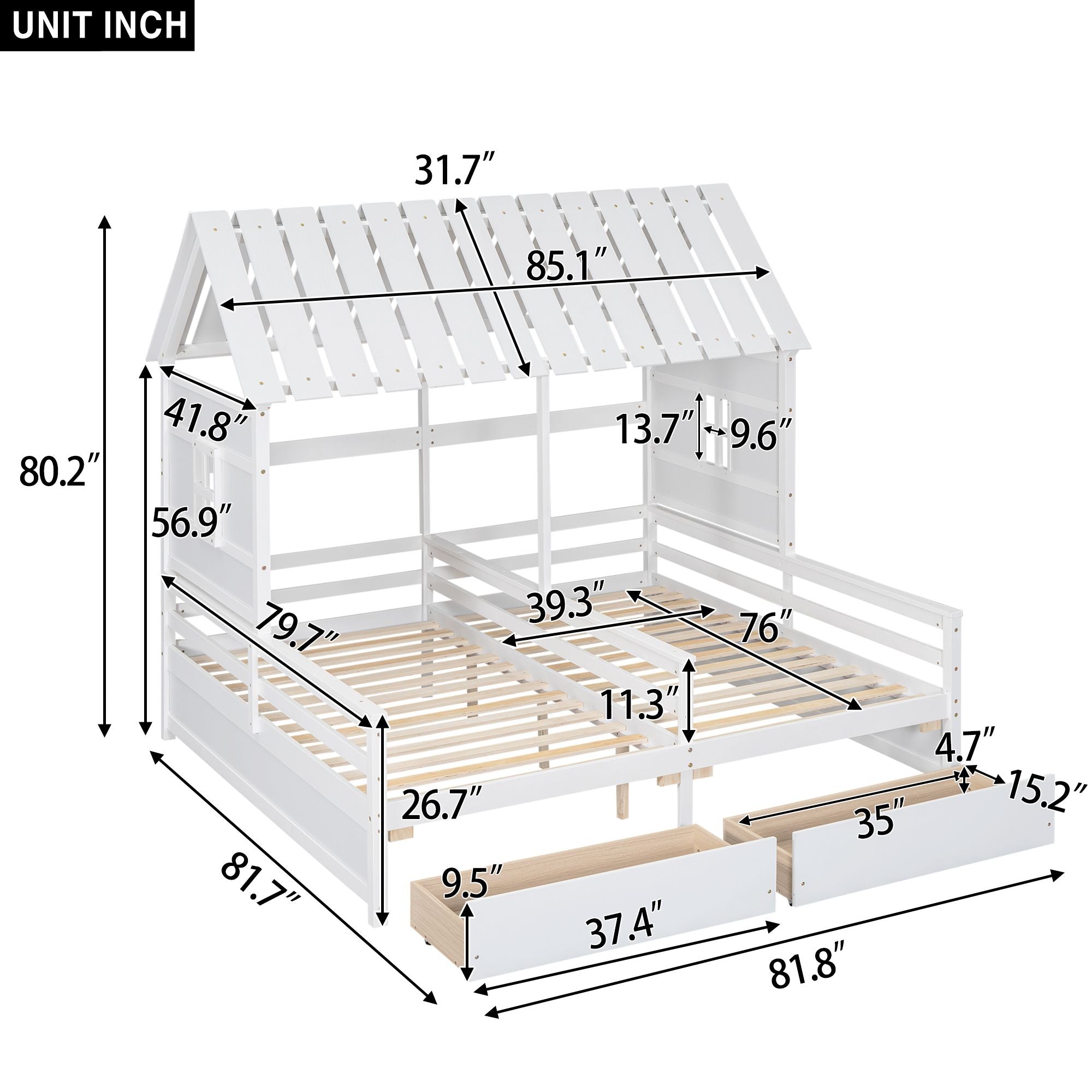 Shared Twin House Beds with Two Storage Drawers
