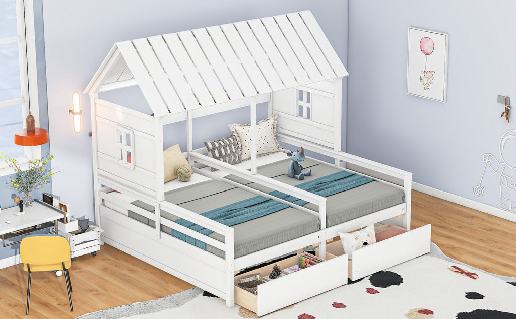 Shared Twin House Beds with Two Storage Drawers