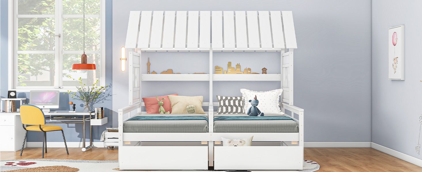 Shared Twin House Beds with Two Storage Drawers