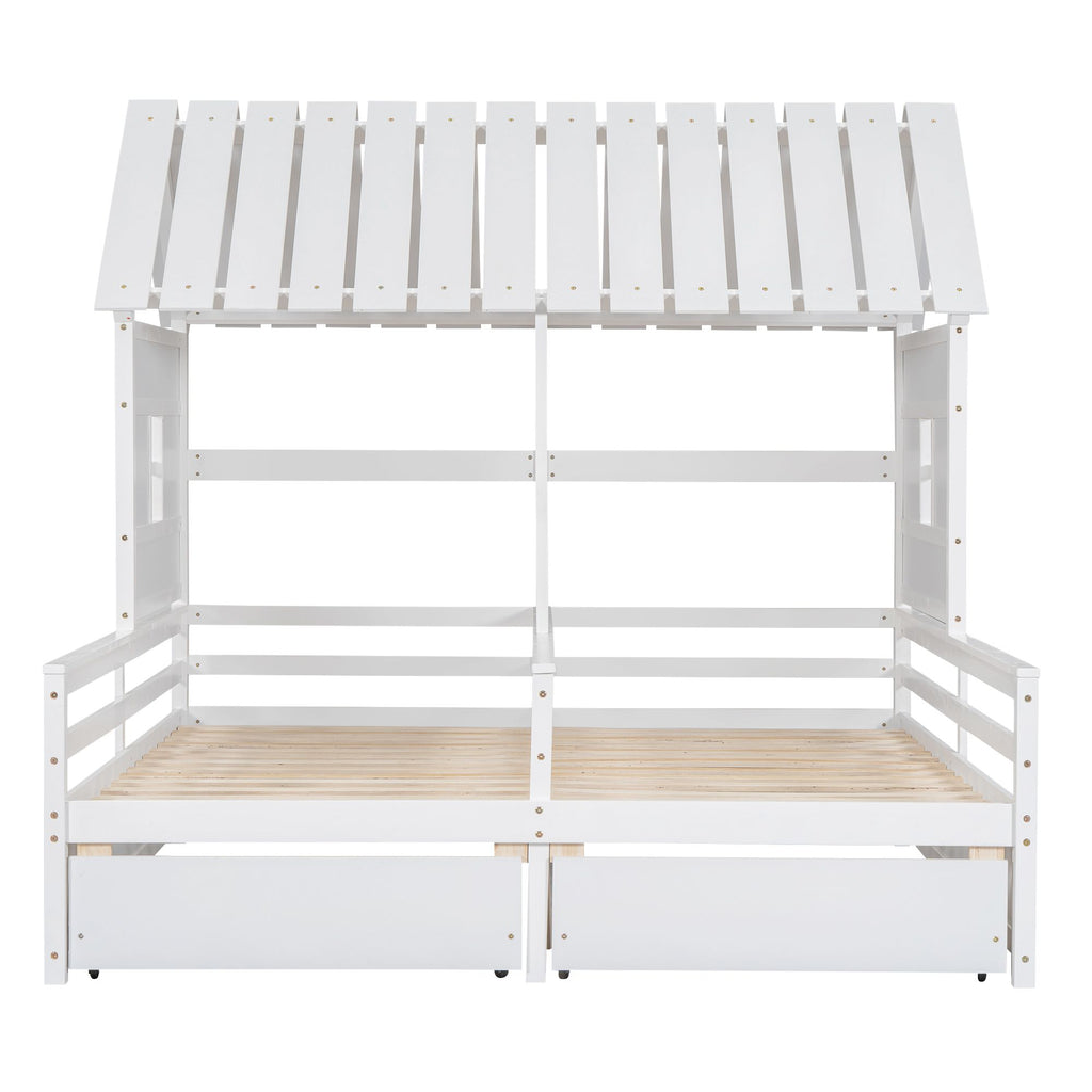 Shared Twin House Beds with Two Storage Drawers