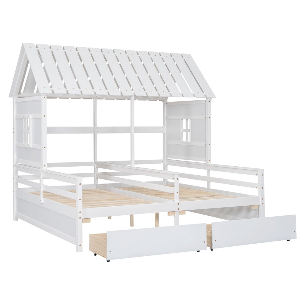 Shared Twin House Beds with Two Storage Drawers