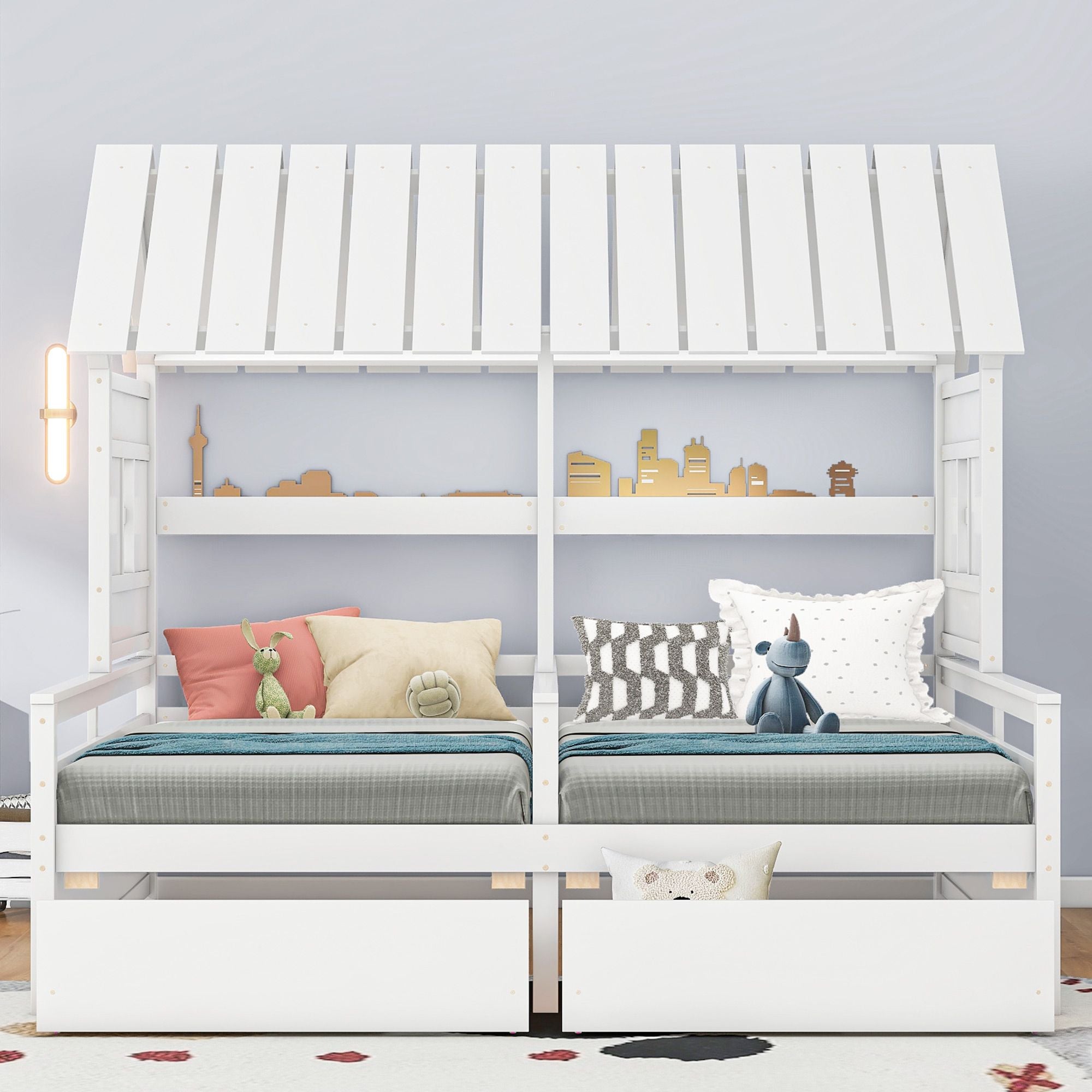 Shared Twin House Beds with Two Storage Drawers