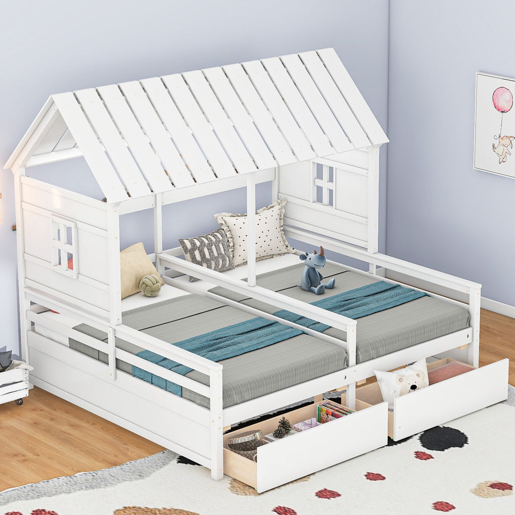 Shared Twin House Beds with Two Storage Drawers