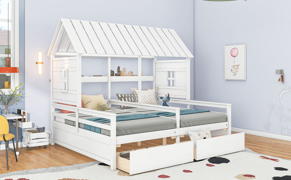 Shared Twin House Beds with Two Storage Drawers