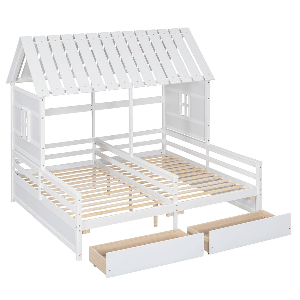 Shared Twin House Beds with Two Storage Drawers