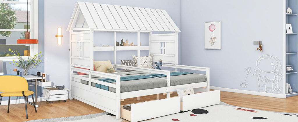 Shared Twin House Beds with Two Storage Drawers