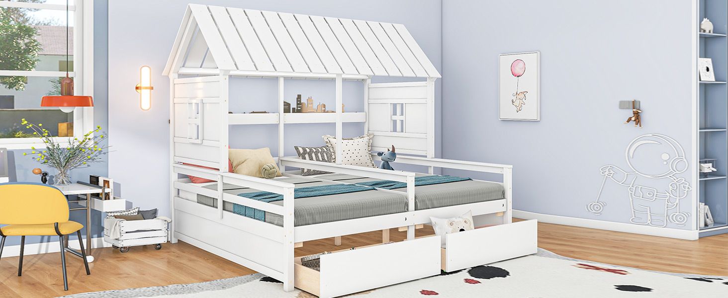 Shared Twin House Beds with Two Storage Drawers