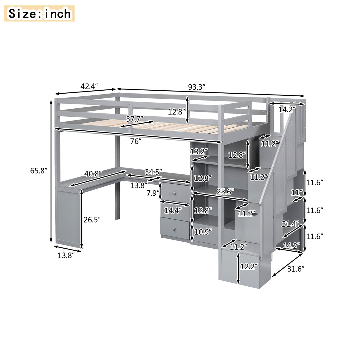Loft Bed with L-Shaped Desk and Storage Staircase