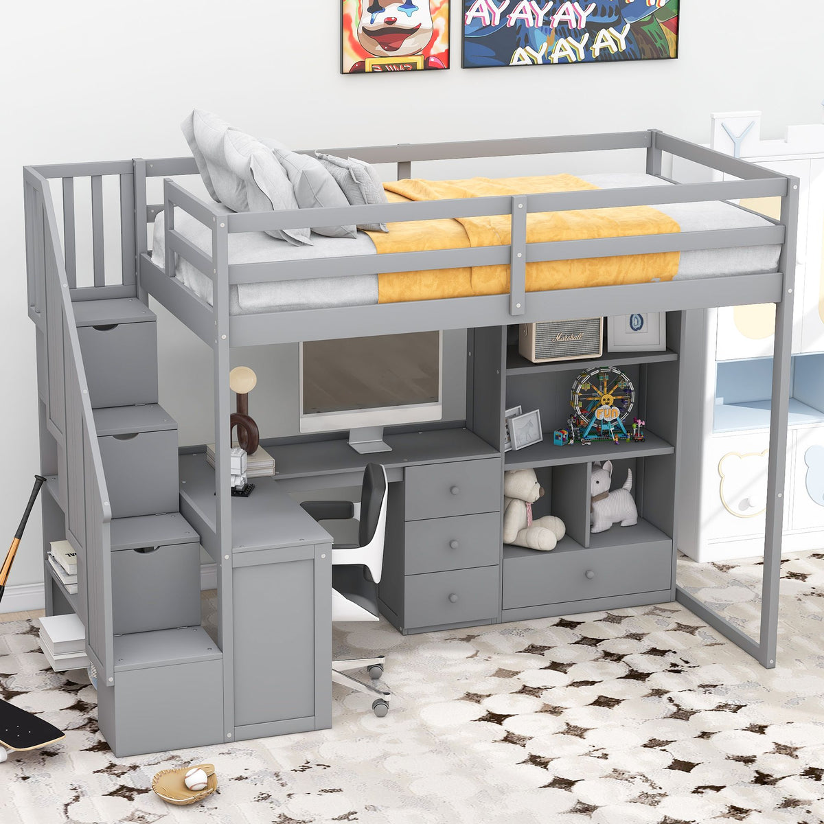 Loft Bed with L-Shaped Desk and Storage Staircase