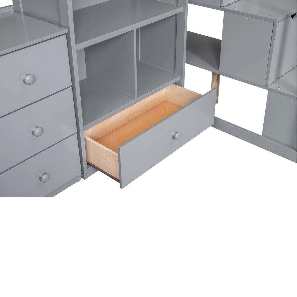 Loft Bed with L-Shaped Desk and Storage Staircase