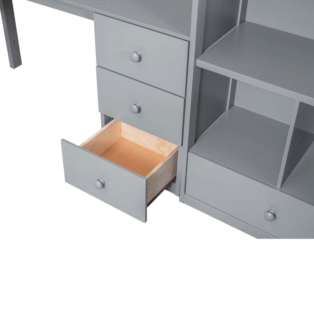 Loft Bed with L-Shaped Desk and Storage Staircase