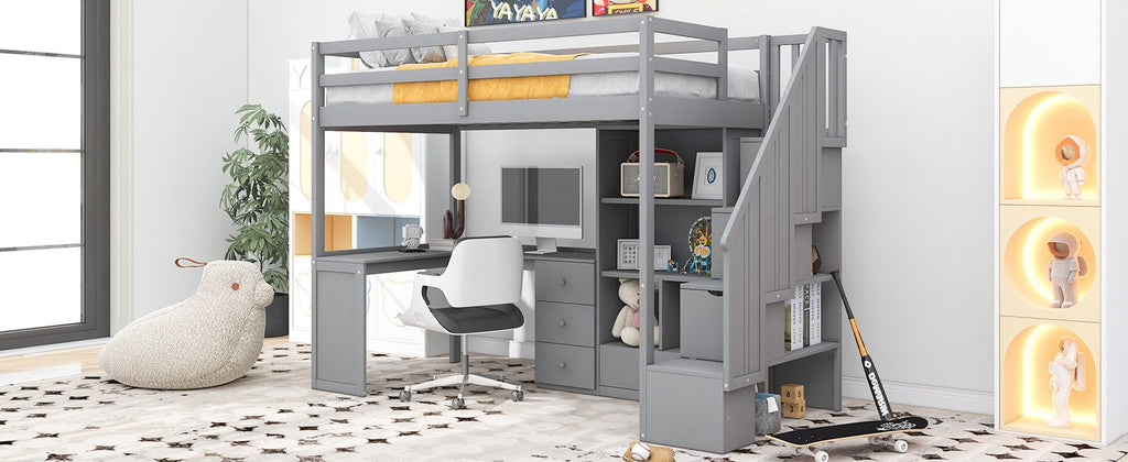 Loft Bed with L-Shaped Desk and Storage Staircase