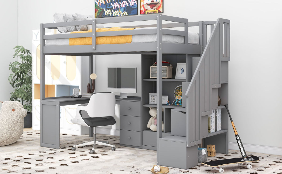 Loft Bed with L-Shaped Desk and Storage Staircase