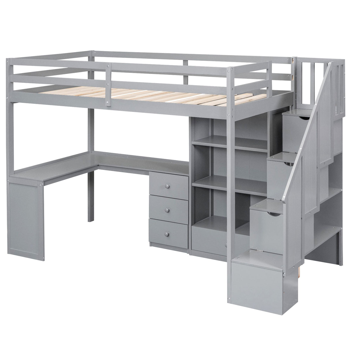 Loft Bed with L-Shaped Desk and Storage Staircase