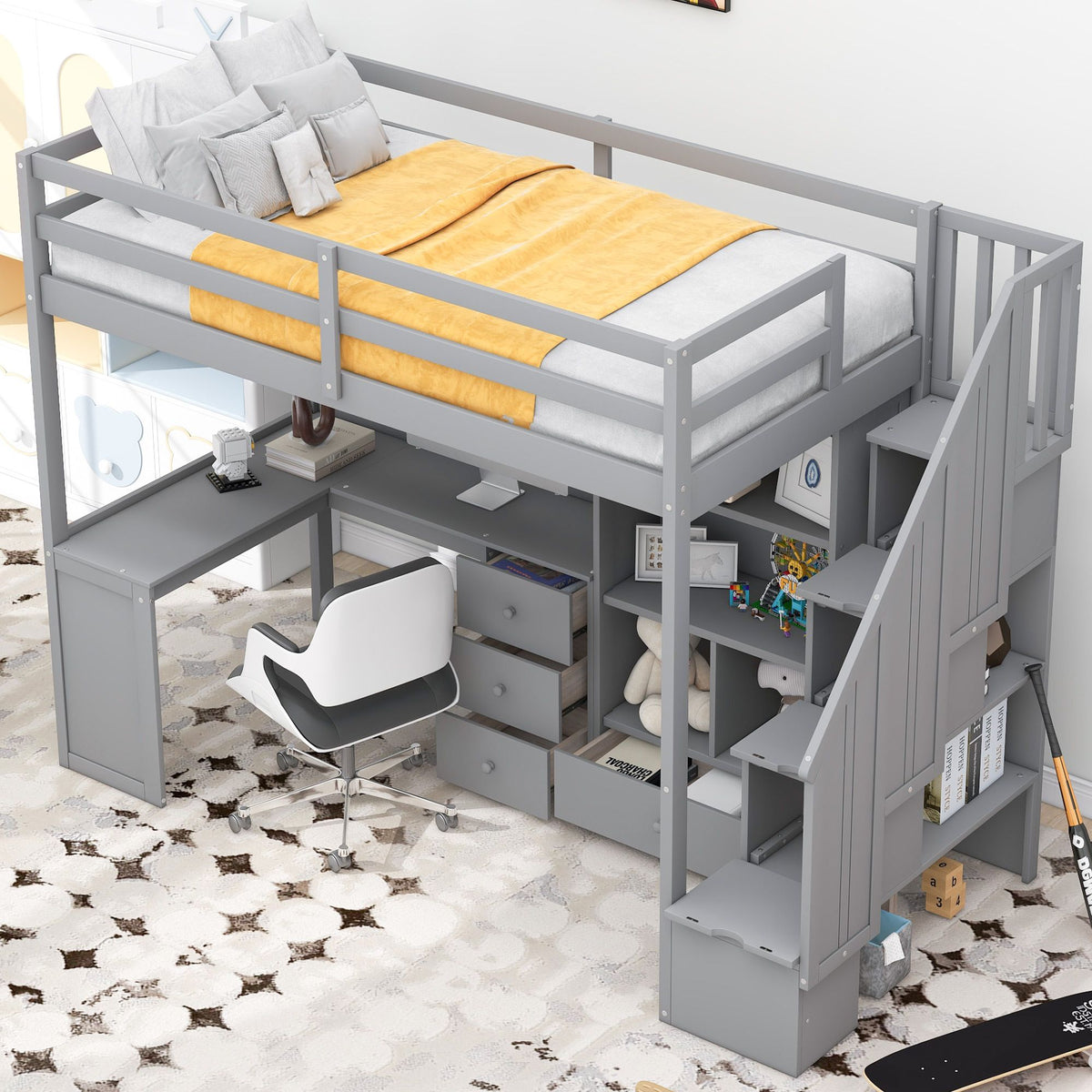 Loft Bed with L-Shaped Desk and Storage Staircase