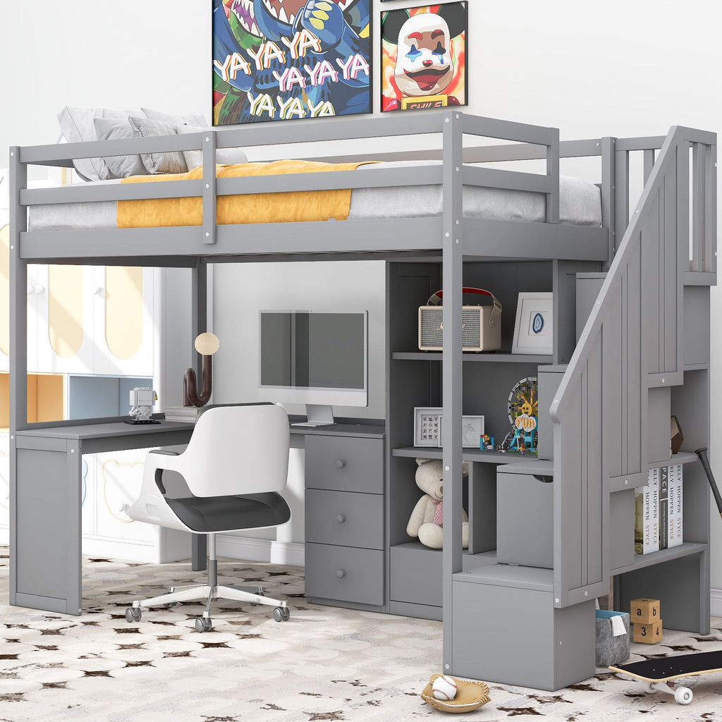 Loft Bed with L-Shaped Desk and Storage Staircase