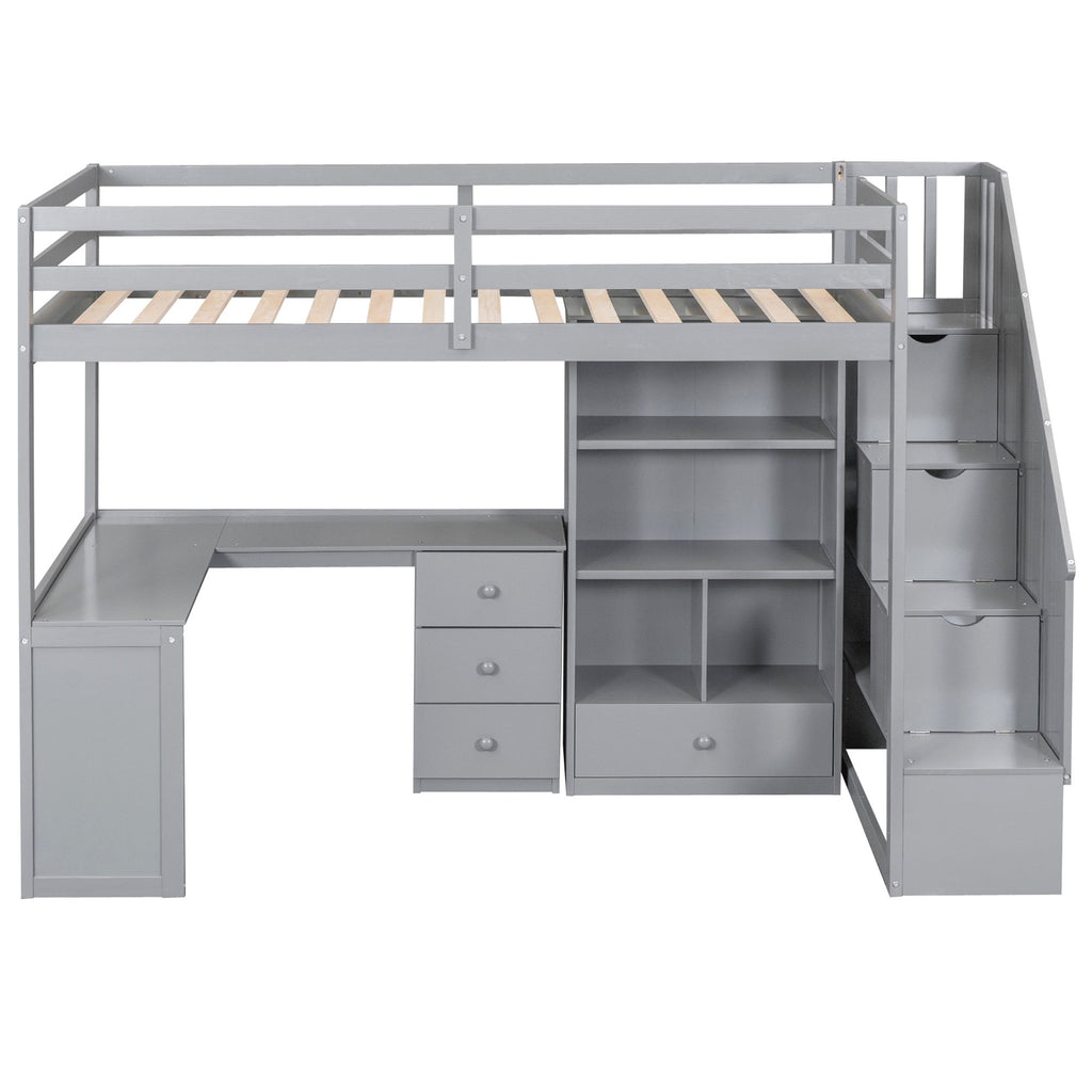 Loft Bed with L-Shaped Desk and Storage Staircase
