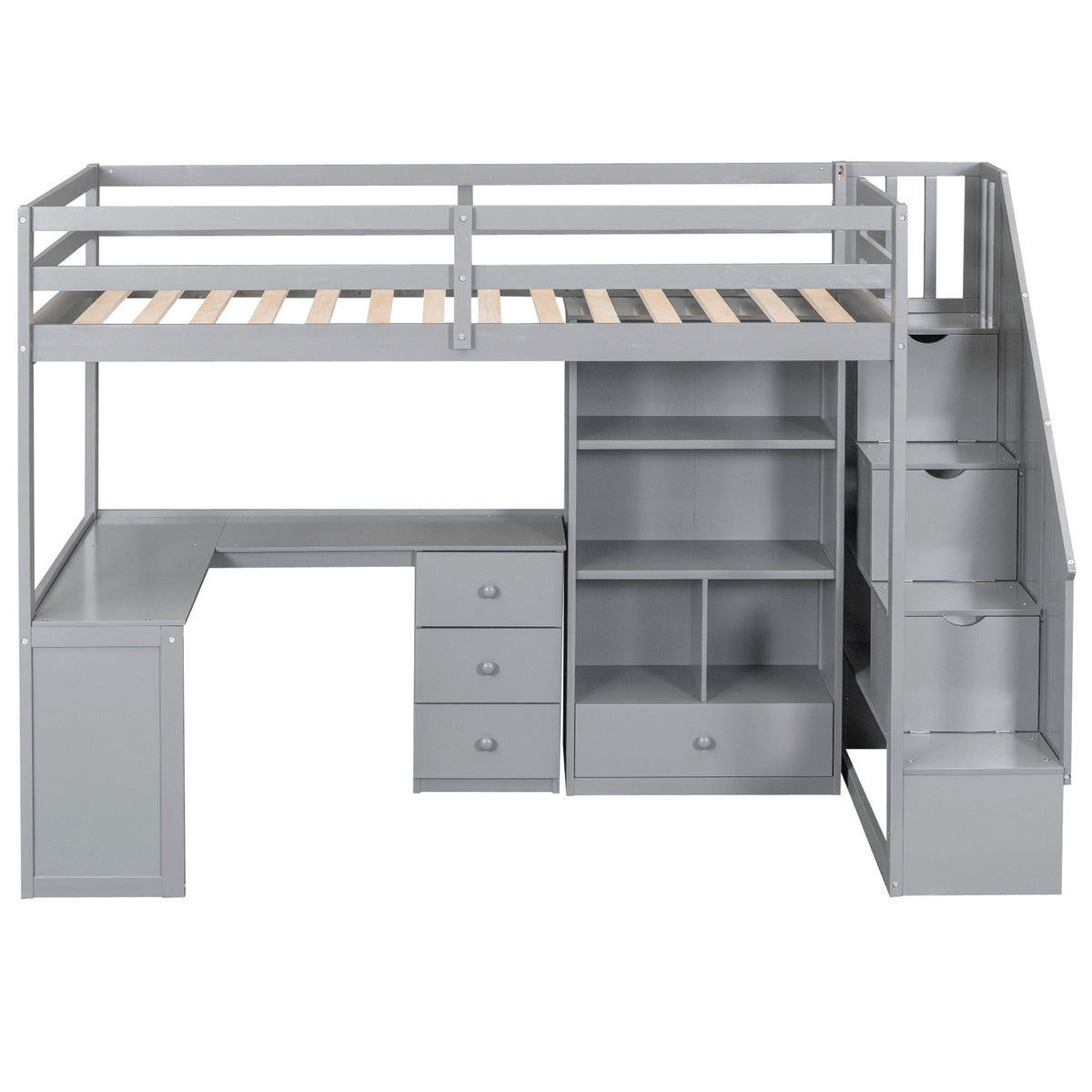 Loft Bed with L-Shaped Desk and Storage Staircase