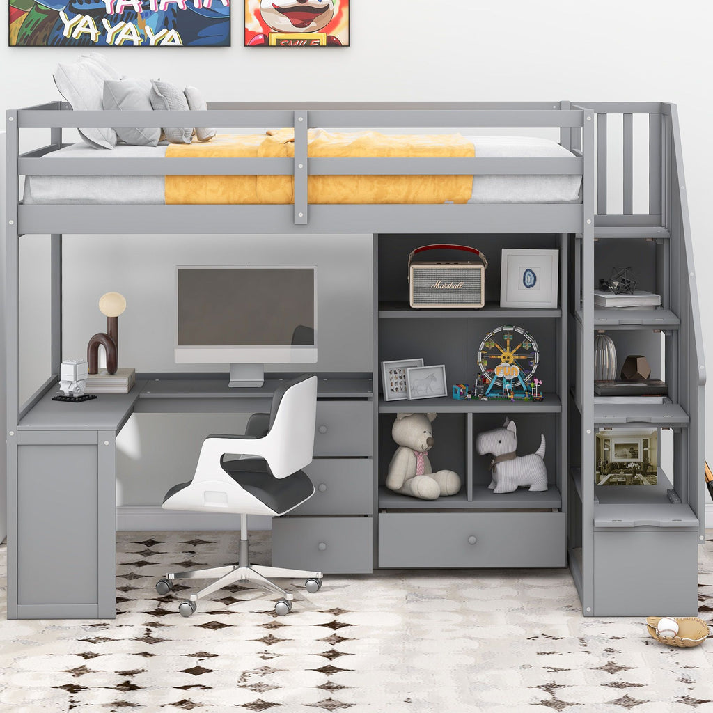 Loft Bed with L-Shaped Desk and Storage Staircase