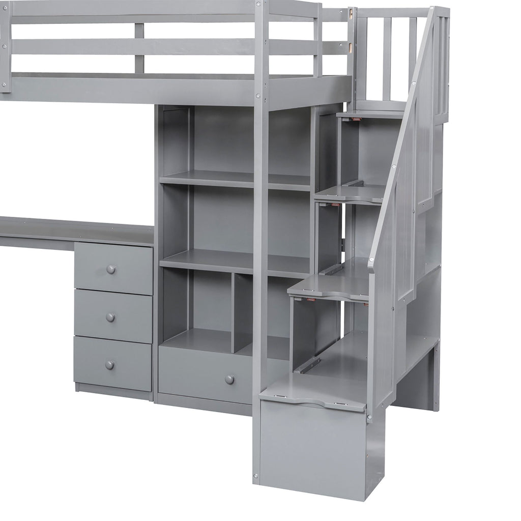 Loft Bed with L-Shaped Desk and Storage Staircase