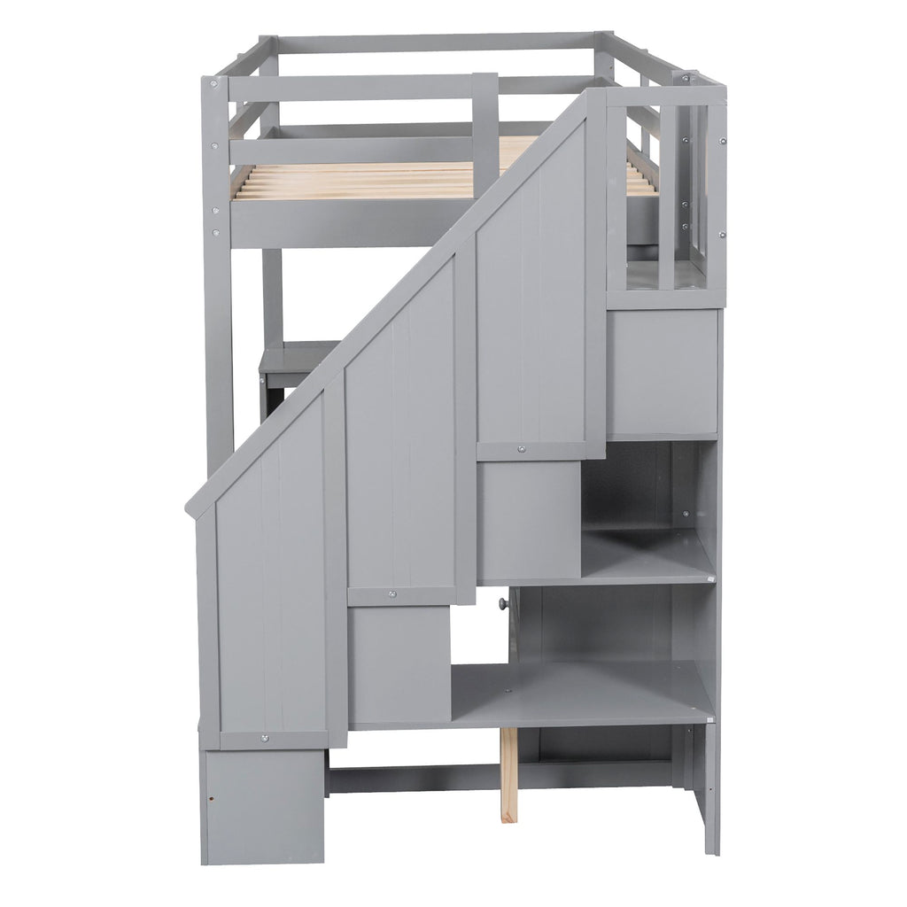 Loft Bed with L-Shaped Desk and Storage Staircase