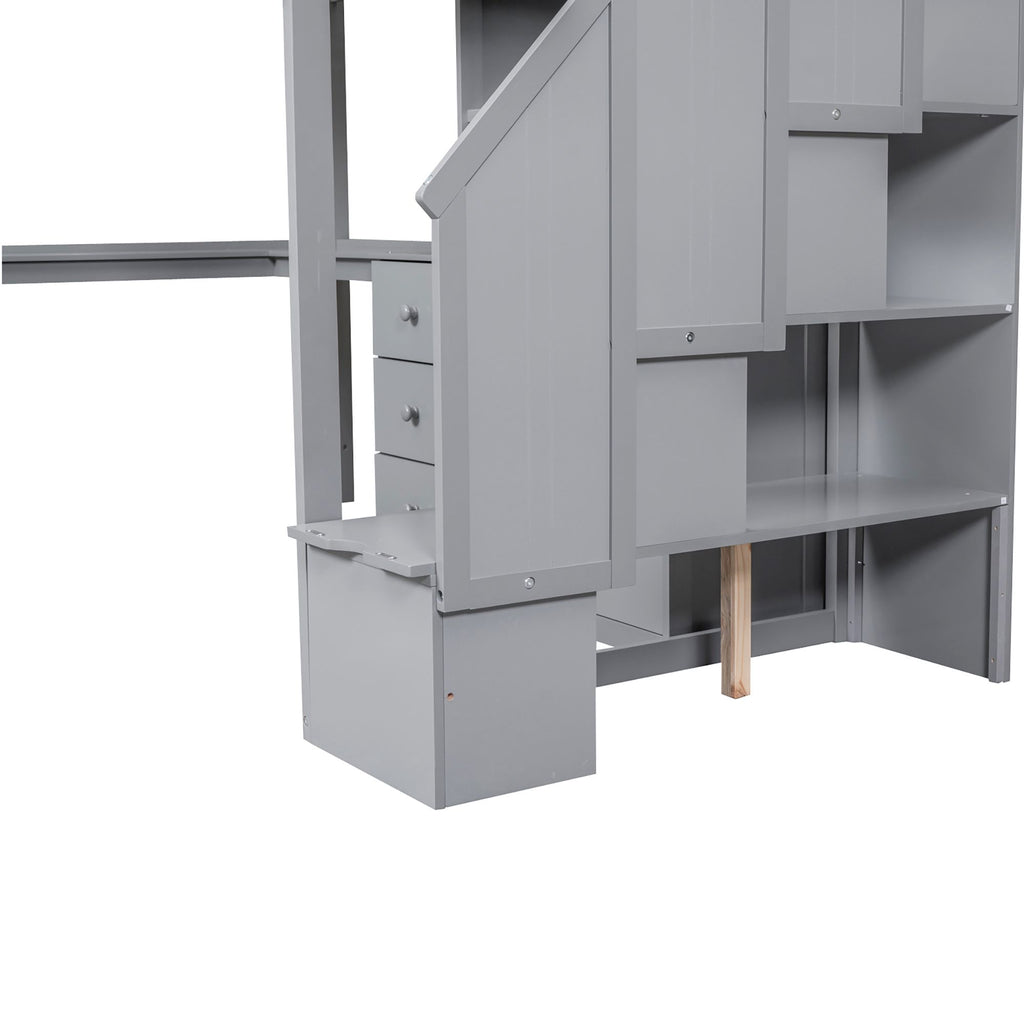Loft Bed with L-Shaped Desk and Storage Staircase