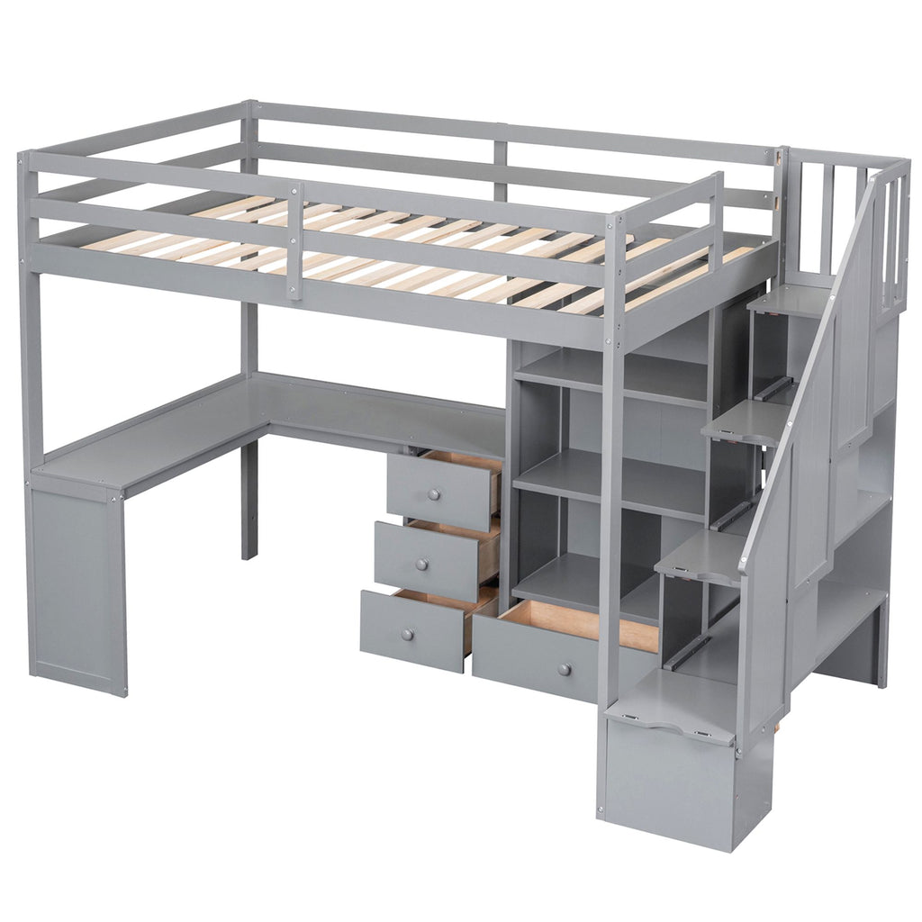 Loft Bed with L-Shaped Desk and Storage Staircase
