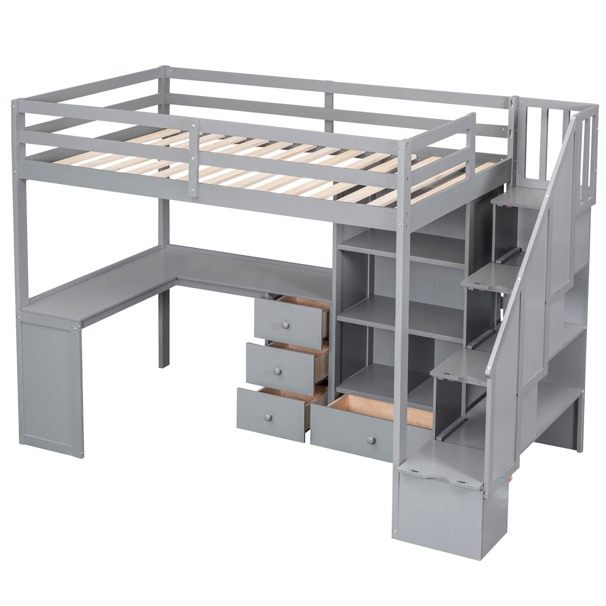 Loft Bed with L-Shaped Desk and Storage Staircase