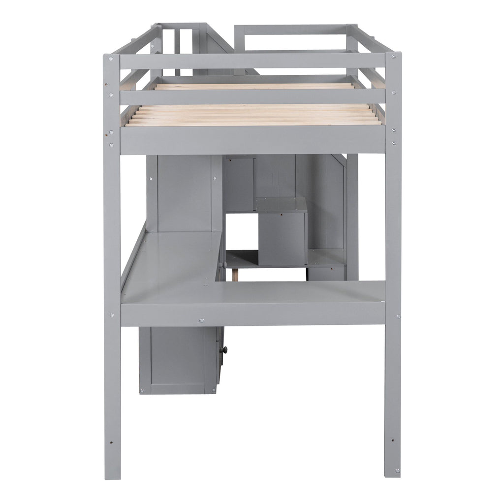 Loft Bed with L-Shaped Desk and Storage Staircase