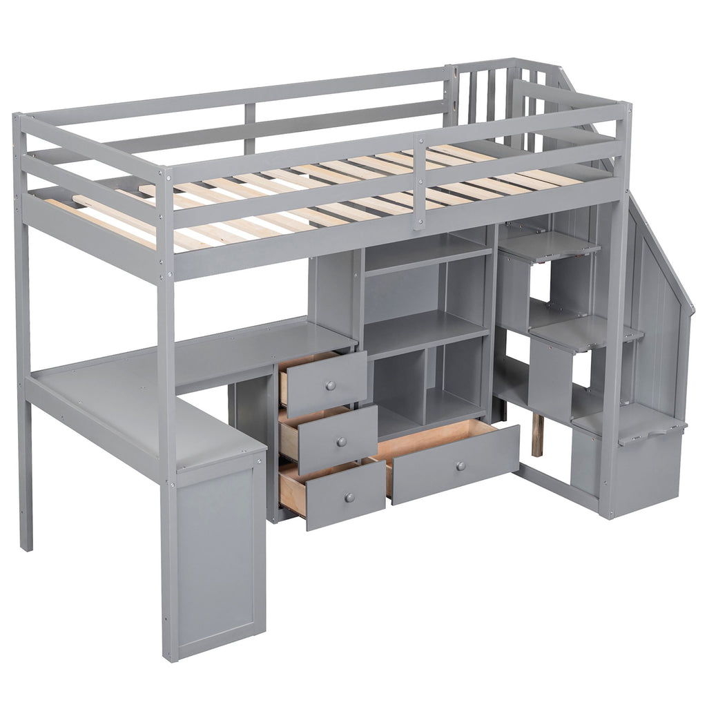 Loft Bed with L-Shaped Desk and Storage Staircase