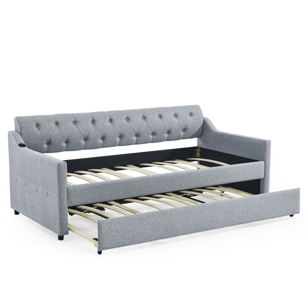 Twin Upholstery Daybed with Trundle and USB Charging - Linen Grey