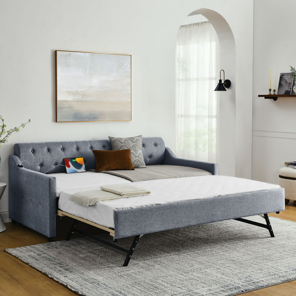 Twin Upholstery Daybed with Trundle and USB Charging - Linen Grey