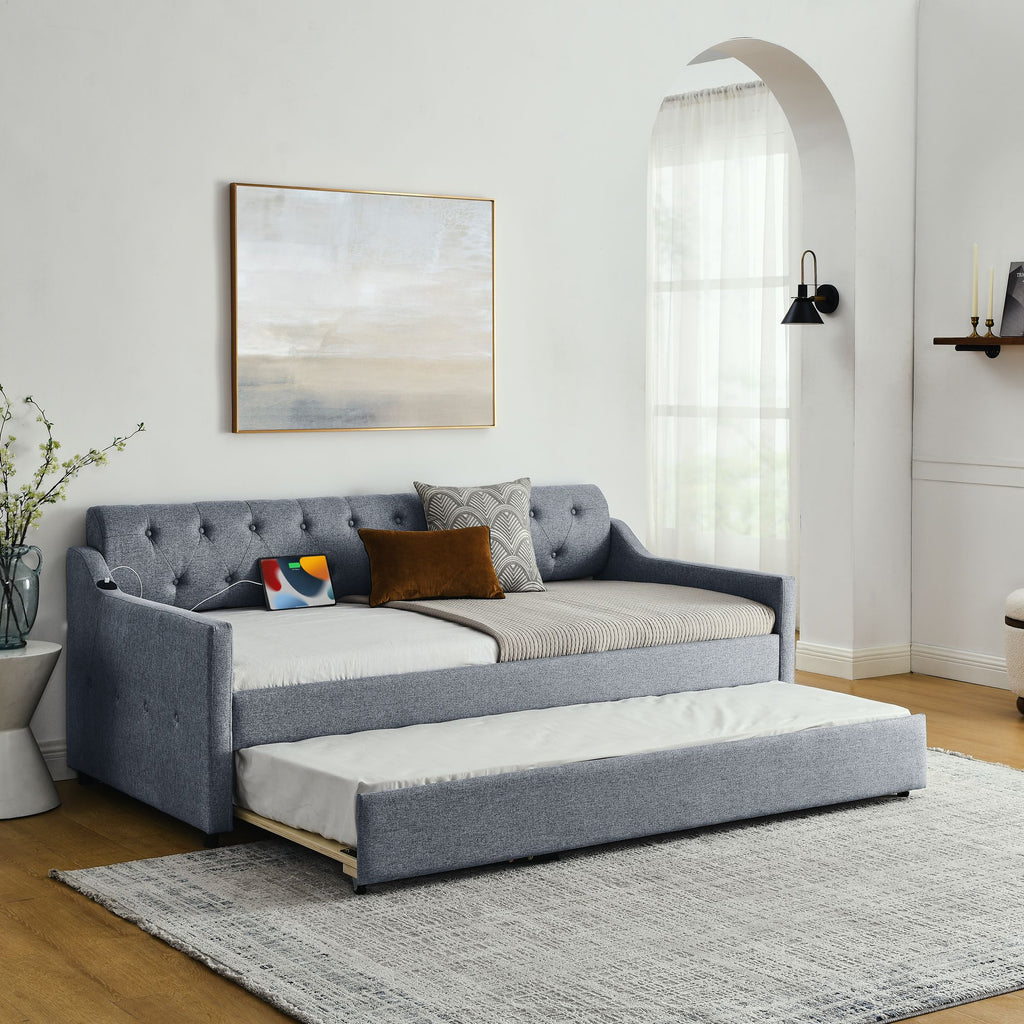 Twin Upholstery Daybed with Trundle and USB Charging - Linen Grey
