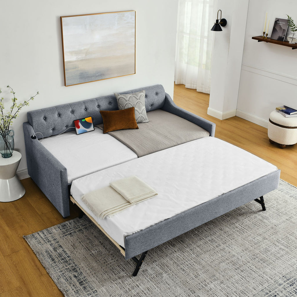 Twin Upholstery Daybed with Trundle and USB Charging - Linen Grey