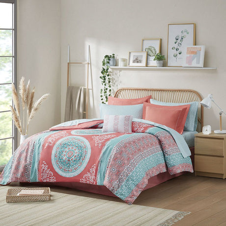 Twin XL Coral and Aqua Boho Bedding Set
