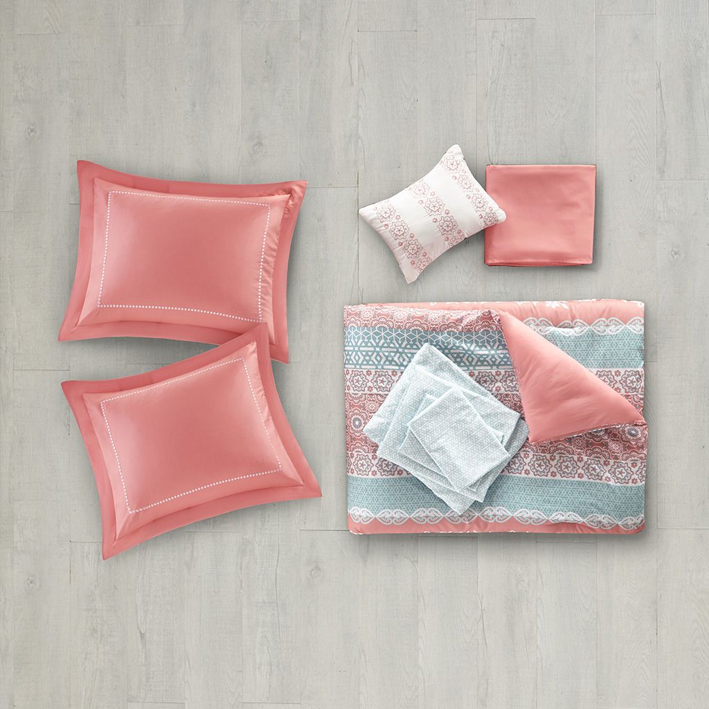 Twin XL Coral and Aqua Boho Bedding Set