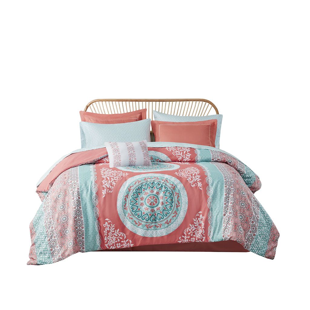 Twin XL Coral and Aqua Boho Bedding Set