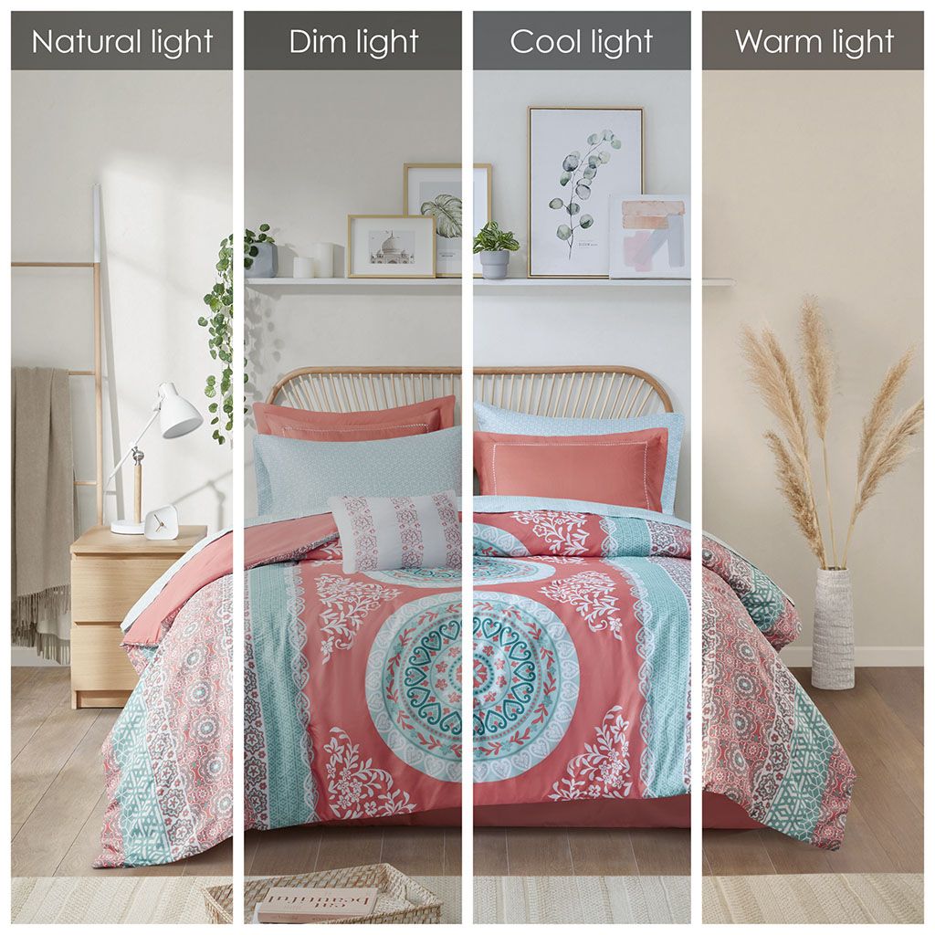 Twin XL Coral and Aqua Boho Bedding Set